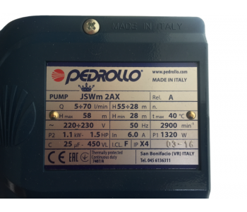 Pedrollo  Sūknis ar hidroforu JSWm2AX-24APT(0.9kW)
