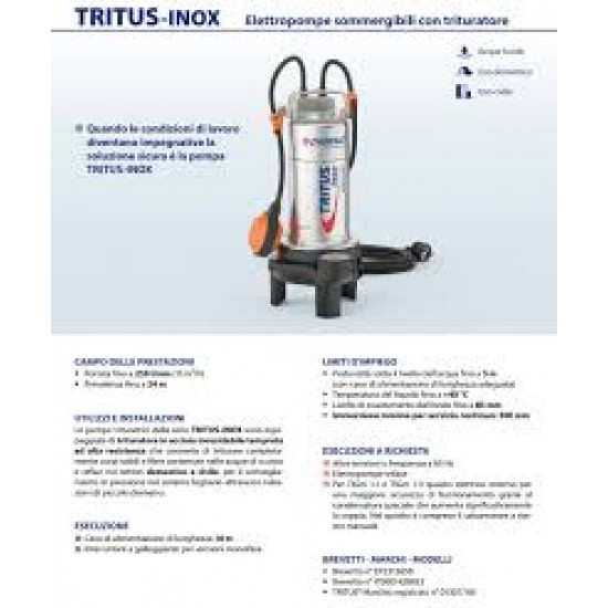 Pedrollo Frakcijas iegremdējamais sūknis ar smalcinātāju TRITUS TIG 0.75kW